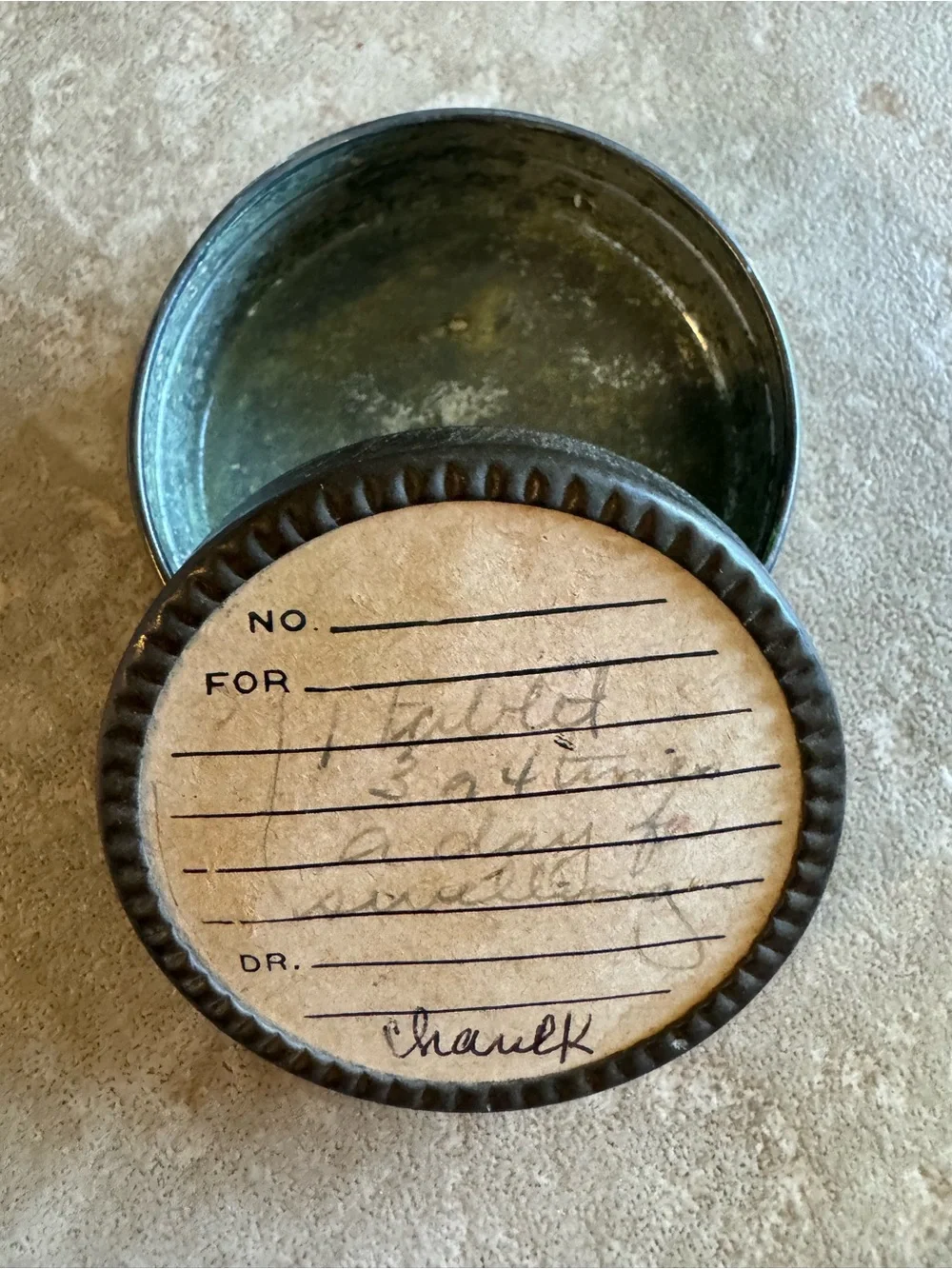 Vintage Metal Round Tin with Labeled Paper Insert - Brown Top, Silver Interior